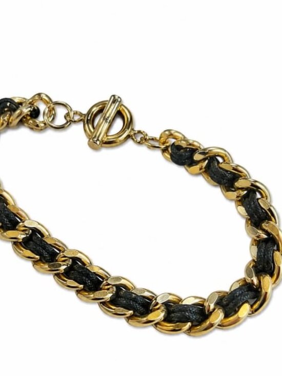 Jewelry - 💖 Classic Polished Gold Tone Intertwined Black Cord Bracelet #134